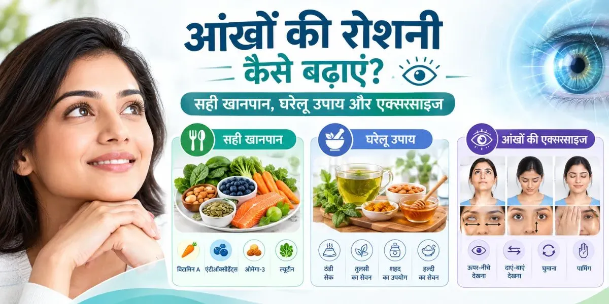 आंखों की रोशनी बढ़ाने के लिए सही खानपान और आँखों की देखभाल का चित्रण