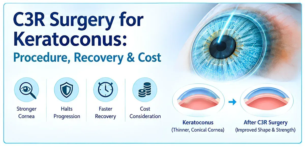 Illustration of C3R corneal collagen cross-linking surgery using riboflavin drops and UV light