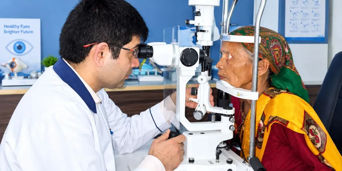 Elderly person having an eye examination for age-related vision changes