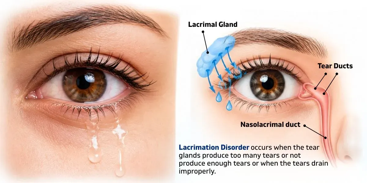 Close-up of a watery, tearing eye caused by a lacrimation disorder