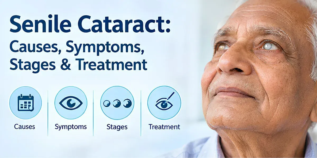 Illustration comparing a clear eye lens with a senile cataract clouding progressively with age