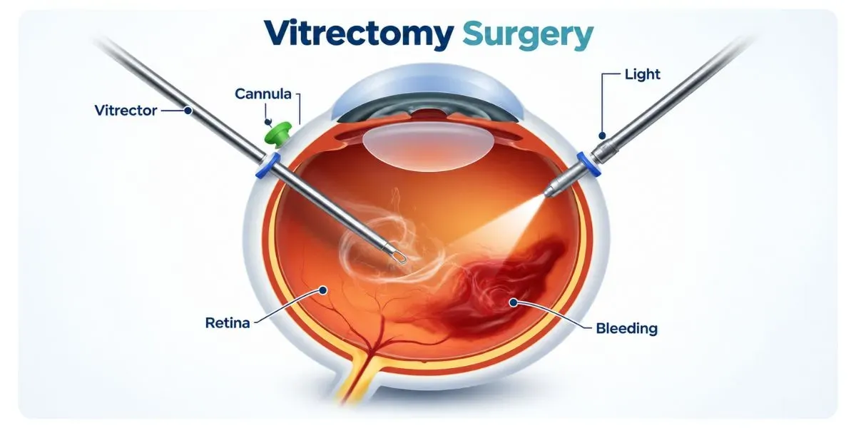 Illustration of vitrectomy surgery being performed to repair the retina